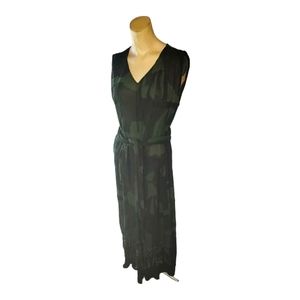 BLACK MAGIC Hunter Green Camouflage  Maxi Dress With Bottom Knotted Fringe Rayon